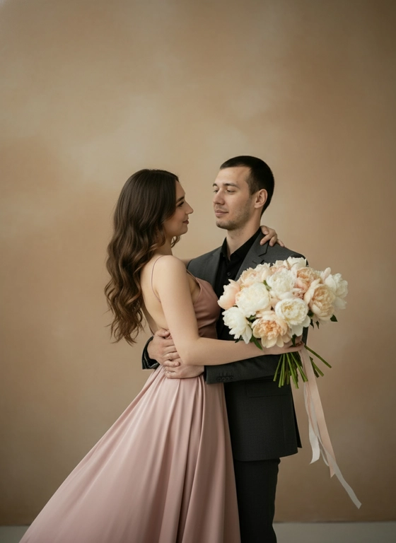 Фотореалистичный студийный портрет пары, формат 9:16.
Мужчина приподнимает девушку за талию, удерживая её в воздухе. Она смотрит на него с мягкой улыбкой, волосы свободно струятся вниз. В руке — большой букет кремово-персиковых пионов, лента свободно свисает.
Одежда изменена:
— девушка в шёлковом платье цвета алой розы с открытой спиной,
— мужчина в графитовом костюме без галстука и черной рубашке.
Фон — светлая текстурная стена оттенка тёплого бежа с мягким градиентом. Рассеянный объёмный свет подчёркивает силуэты и фактуру тканей.
85mm, f/1.8, ISO 100. Малая ГРИП, фокус на паре, фон мягко размытый.
Высокий фотореализм, естественная кожа, без HDR и искажений.