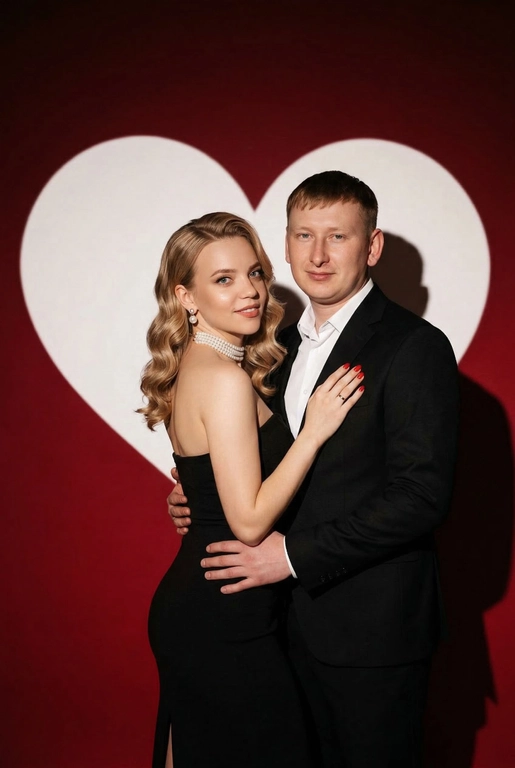 Фотореалистичный редакционный крупный портрет по пояс для пары по референсным фото. Мужчина и женщина позируют вместе, стоят близко. Мужчина одной рукой приобнимает женщину за талию. Фон: тёмно-красный студийный задник, большое белое сердце, проецируемое на стену. Сохранить внешность обоих: реальные черты лица, естественная текстура кожи, реальный цвет и длина волос, без ретуши и изменений. Женщина: облегающее чёрное вечернее платье без бретелей с небольшим разрезом, жемчужный чокер, жемчужные серьги, красный маникюр. Поза в три четверти, спина слегка выгнута, одна рука на поясе или касается руки мужчины. Лёгкая улыбка, взгляд в камеру. Мужчина: чёрный классический костюм, белая рубашка. Прямая осанка, уверенная поза. Взгляд в камеру, легкая улыбка. Свет: драматическое боковое студийное освещение, высокий контраст, чёткие тени на фоне. Композиция: вертикальный кадр по пояс, пара в центре, негативное пространство вокруг сердца. Стиль: фотореализм, модная редакционная съёмка, кинематографическая цветокоррекция (тёплые красные, глубокие чёрные), высокая детализация.

Голливудская волна, пробор лёгкий боковой. Верхняя зона чуть приподнята у корней, концы — оформленные волной.