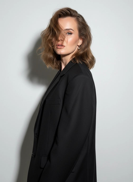 Важно, используй загруженное селфи как точную визуальную основу...

Крупный fashion-портрет. Женщина стоит у белой стены, пряди волос развеваются и частично закрывают лицо. Черный пиджак с мужского плеча. Взгляд в камеру, выражение чувственное и уверенное. Поза женщины вполоборота. Легкая улыбка, без показа зубов. Макияж легкий, без красных губ. Жесткий прямой свет от Вспышки, резкая тень, ощущение движения. Идеальные настройки качества: ultra realistic 8K; sharp focus; 85mm; f/1.8; hard flash; glossy skin