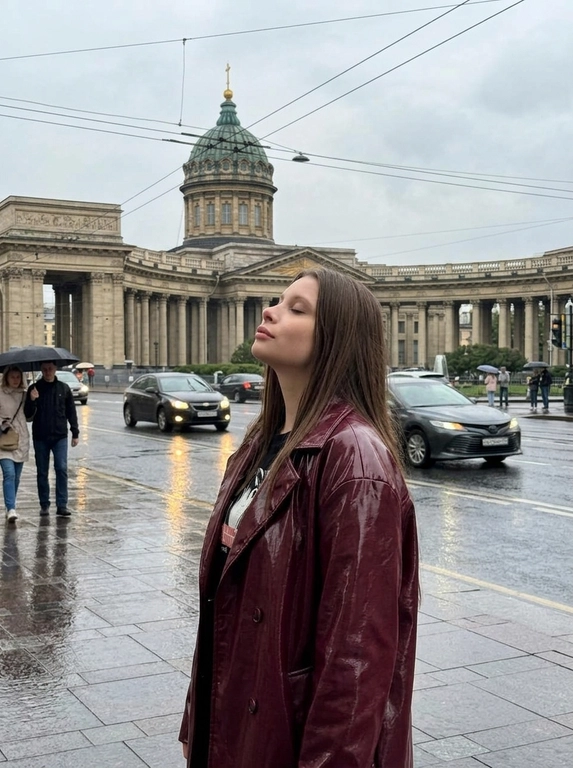 Максимально реалистичная уличная фотография в Санкт-Петербурге после дождя. 

Модель стоит на мокром тротуаре перед Казанским собором. Кадр выглядит как случайная фотография, сделанная прохожим: модель находится чуть правее центра, а собор с куполом и колоннадой крупно заполняет задний план. Над улицей видны провода, по дороге проезжают автомобили, вокруг идут прохожие с зонтами. Мокрый асфальт отражает фары, светлое небо и городские здания.

Поза полностью естественная и спокойная: модель стоит вполоборота к камере, корпус слегка развёрнут в сторону улицы, плечи расслаблены, руки свободно опущены вдоль тела. Голова мягко запрокинута назад и немного повёрнута в профиль. Глаза закрыты, подбородок слегка приподнят, губы расслаблены. Выражение лица спокойное, будто модель на секунду остановилась и почувствовала прохладный воздух после дождя.

Камера расположена примерно на уровне груди модели, съёмка ведётся с небольшого расстояния. Средний план до середины бёдер. Используется умеренно широкий угол, поэтому в кадре одновременно хорошо видны модель, мокрая улица, автомобили, прохожие и архитектура собора. Фон не размывать. Допустима только лёгкая естественная мягкость из-за дождливой погоды и движения городского транспорта.

Освещение пасмурное, ровное и рассеянное, без жёстких теней. Лицо освещено мягко и естественно. На коже сохраняется натуральная текстура с видимыми порами, без ретуши, пластикового эффекта и бьюти-фильтров.

Цветокоррекция приглушённая и плёночная, с преобладанием серо-коричневых, оливковых, бежевых и глубоких бордовых оттенков. Небо светло-серое, камень собора тёплый и немного выцветший, мокрая дорога холодная и графитовая. Мягкий контраст, слегка поднятые чёрные, приглушённые светлые участки, естественная зернистость и лёгкая винтажная фактура.

Снято на iPhone 17 Pro в формате RAW, вертикальный кадр 3:4, документальная городская фотография, случайно пойманный момент, реалистичные пропорции, натуральная перспектива, лёгкое плёночное зерно. Без HDR, без искусственного глянца, без чрезмерной резкости, без кинематографического синего оттенка, без CGI и без AI-эффекта.


Какая будет одежда?: На модели объёмная бордовая куртка из глянцевой лаковой кожи с широкими плечами, свободными рукавами и естественными складками материала. 

Доп. характеристики: НЕ меняй внешность