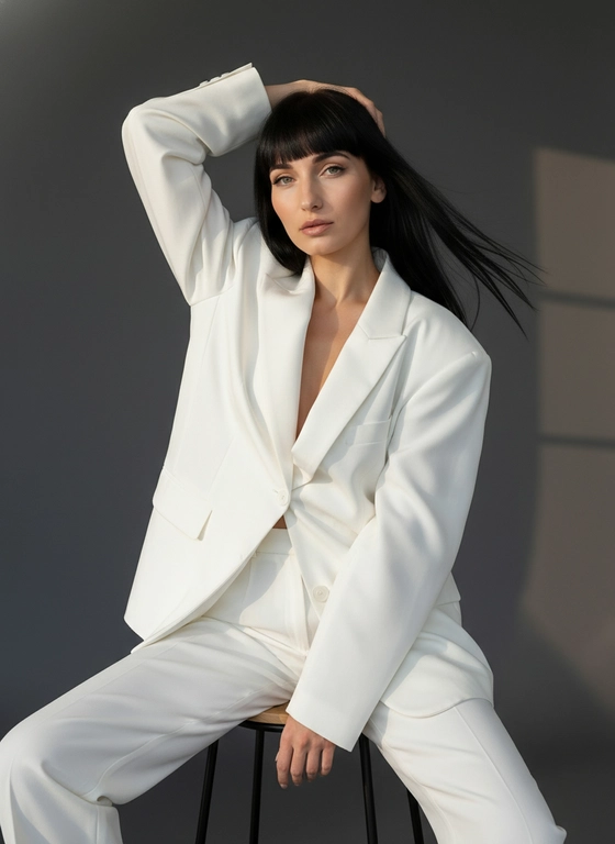 Женщина позирует на высоком стуле в фотостудии. Мягкое профессиональное студийное освещение: верхне-фронтальный ключевой свет, равномерно освещающий лицо и фигуру, без жёстких теней. Свет подчёркивает объём, складки и прозрачность ткани, создаёт чистый, пластичный и дорогой визуальный эффект. Фон тёмно-серый с плавным градиентом, без отвлекающих деталей.. На ней оверсайз пиджак белого цвета и брюки в тон.. У женщины профессиональная укладка. Волосы как на фото, слегка развеваются, создавая ощущение движения, челка как на фото. Макияж журнальный: ровный сияющий тон кожи, подчёркнутые скулы, деликатный румянец, чётко очерченные губы с нежной помадой. Высокая мода, журнальный стиль, минимализм. Крупный план до колен: Женщина сидит на стуле, одну руку закидывает за голову, локоть направлен вверх. 