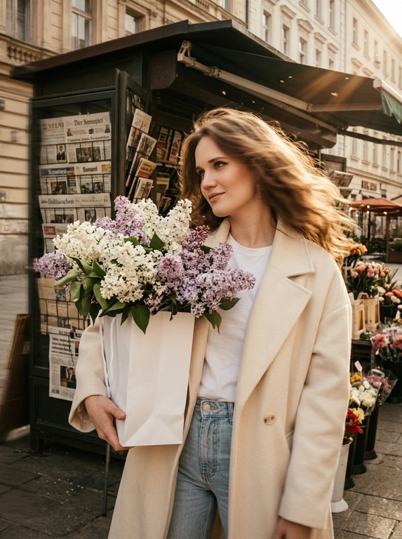 Создай фото, не меняя черты лица и цвет волос. Фотореалистичный уличный кадр, высокая детализация. Фон — старый киоск с газетами, здания, цветочные киоски. Кинематографический эффект с добавлением плёночного зерна, фото на камеру Kodak. Освещение — карамельные оттенки, тёплые солнечные лучи; лёгкая пыльца отражается в лучах света. Весенний день. Модель повернута чуть спиной к камере, с лёгким поворотом головы в сторону камеры, без искажений её черт лица; взгляд на букет кокетливый. На руке у неё висит белый бумажный пакет; из пакета выглядывают пышные соцветия белой и сиреневой сирени — их много, очень объёмные шапочки. Одежда — элегантное оверсайз-пальто кремового цвета со спущенным плечом и лацканами на плечах и рукавах, светло-голубые джинсы и белая облегающая майка. Ракурс — уровень улицы, чуть заниженный угол, чтобы подчеркнуть масштаб фотографии. Фото в движении: намеренное смазывание волос для ощущения динамики. Эффект движения максимальный — сверхдлинная выдержка, экстремальный motion blur, сильное смазывание. Макияж — длинные ресницы, нюдовые губы, контуринг, чёрные стрелки. Общий тон кадра — романтичная, задумчивая и элегантная атмосфера, лёгкая полуулыбка на лице; фотореализм, высокое разрешение.
