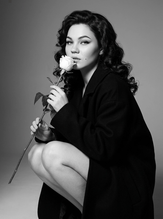 Высоко модная черно-белая редакционная фотография женщины в эффектной позе. Она грациозно присела на корточки, накинув на плечи объемное структурированное черное пальто, оставляя ноги открытыми.
Держит в руке белую розу с длинным стеблем и листьями, поднося к губам бутон. Изящный, минималистичный стиль. Сильное направленное студийное освещение, создающее глубокие тени и высокий контраст. Изысканный макияж с четкой подводкой для глаз и блеском на губах. Чистый фон, эстетика роскошного журнала, стиль Vogue, сверхчеткая, высококонтрастная монохромная фотография. Не изменяйте и не модифицируйте структуру лица, тон кожи или пропорции тела модели.
Только освещение, фон и застывшие текстуры должны быть переосмыслены в контексте задания. Сверхчеткое изображение, высокий динамический диапазон, студийная четкость, реалистичная текстура кожи, естественные поры, едва заметная зернистость пленки, редакционная цветокоррекция, съемка для печати.

Какая будет прическа?: Волосы красиво уложены в локоны.