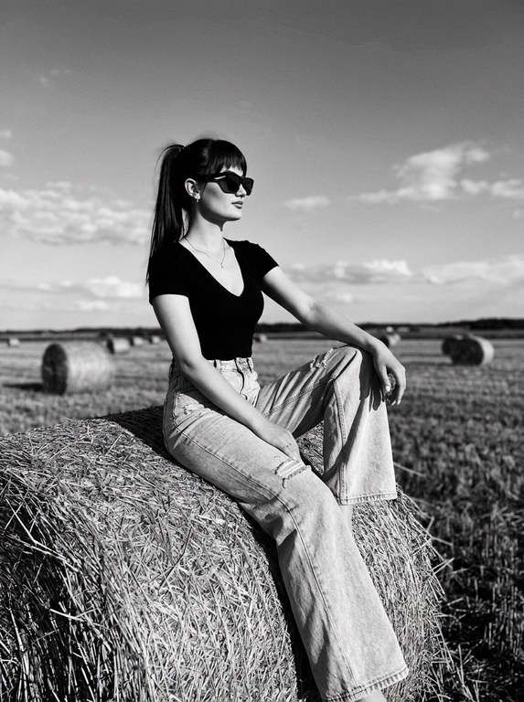 Чёрно-белая high-fashion editorial фотография в сельской местности, женщина с внешностью как на референсе, черты лица не изменять, композиция — более общий план (wide shot), камера на среднем расстоянии, фигура полностью в кадре с окружающим пространством, она сидит на большом тюке сена в поле, корпус слегка развернут, одна нога свободно опущена вниз, вторая согнута, создавая расслабленную, но выразительную позу, руки естественно лежат на колене и на поверхности тюка, взгляд направлен в сторону, профиль, выражение спокойное и уверенное, одежда: чёрный топ с V-образным вырезом и объёмные светлые широкие джинсы с потёртостями и рваными элементами, аксессуары: крупные солнцезащитные очки, минималистичные украшения, фон: открытое поле с несколькими тюками сена на разной глубине, создающими перспективу, линия горизонта ниже центра кадра, чтобы подчеркнуть небо, освещение: жёсткий естественный дневной свет с мягкими облаками, формирует выразительные тени и контраст, стиль: кинематографический, плёночное зерно, высокая детализация, реалистичная текстура кожи и ткани, редакционный fashion стиль, акцент на атмосфере и пространстве кадра


Какая будет прическа?: Гладкие волосы собраны в высокий хвост

Доп. характеристики: Четко выраженные черты передаваемые с фото