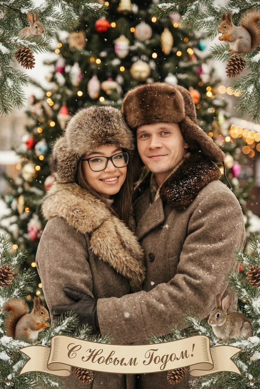   создай новогоднюю фотографию в стиле советского фильма: лица максимально похожи на исходное фото, на улице, в старой зимней одежде (пальто/шуба с меховым воротником, меховая шапки из ондатры или норки). Идёт снег. На фоне размытая украшенная советскими стеклянными игрушками ёлка с гирляндами и тёплыми огоньками. Внизу бежевая декоративная лента с надписью. Рамка по краям из еловых веток со снегом, добавить шишки, белочек и зайчиков. Атмосфера уюта и ностальгии, мягкие кистевые мазки, тонкая плёночная зернистость, мягкая глубина резкости. Надпись на ленте: "С Новым Годом!"