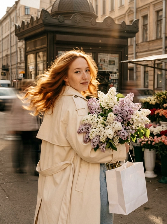 Создай фото, не меняя черты лица и цвет волос. Фотореалистичный уличный кадр, высокая детализация. Фон — старый киоск с газетами, здания, цветочные киоски. Кинематографический эффект с добавлением плёночного зерна, фото на камеру Kodak. Освещение — карамельные оттенки, тёплые солнечные лучи; лёгкая пыльца отражается в лучах света. Весенний день. Модель повернута чуть спиной к камере, с лёгким поворотом головы в сторону камеры, без искажений её черт лица; взгляд на букет кокетливый. На руке у неё висит белый бумажный пакет; из пакета выглядывают пышные соцветия белой и сиреневой сирени — их много, очень объёмные шапочки. Одежда — элегантное оверсайз-пальто кремового цвета со спущенным плечом и лацканами на плечах и рукавах, светло-голубые джинсы и белая облегающая майка. Ракурс — уровень улицы, чуть заниженный угол, чтобы подчеркнуть масштаб фотографии. Фото в движении: намеренное смазывание волос для ощущения динамики. Эффект движения максимальный — сверхдлинная выдержка, экстремальный motion blur, сильное смазывание. Макияж — длинные ресницы, нюдовые губы, контуринг, чёрные стрелки. Общий тон кадра — романтичная, задумчивая и элегантная атмосфера, лёгкая полуулыбка на лице; фотореализм, высокое разрешение.