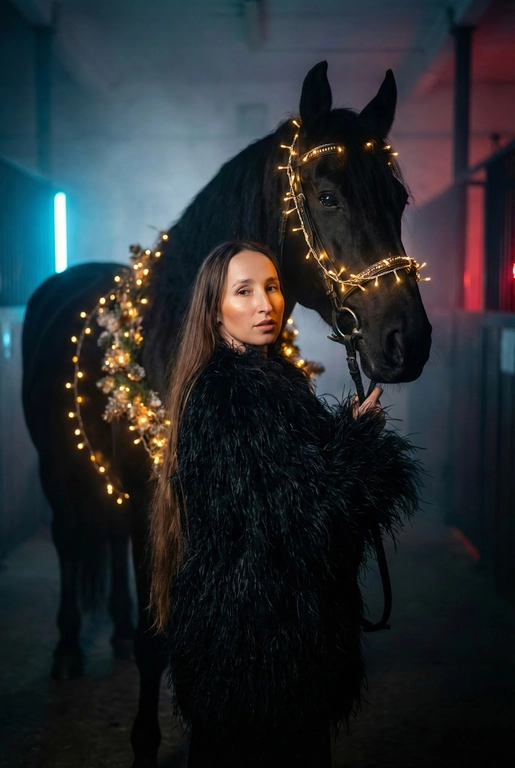 Создай крупный портрет, не меняя черты лица. Фотография в стиле высокой моды. Женщина, одетая шубу из пера страуса. Она стоит рядом с вороной лошадью, которая полностью обвита светящимися теплым светом гирляндами. Гирлянда также идет поверх узды.  Освещение драматичное, кинематографичное, с  неоновым свечением и легкой дымкой на заднем плане в конюшне . Высокая детализация, 8k, профессиональная съемка. Лицо девушки освещено мягким теплым светом. Глубокие тени, туман, мистическая и сюрреалистичная атмосфера. Фото на камеру 35mm, малая глубина резкости. Фото в полный рост .Цвет шубы - чёрный..волосы у девушки ниже пояса .