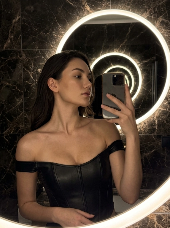 Снято на iPhone.
Женщина делает селфи в зеркало, в интерьере ванной комнаты.
Она слегка наклонила голову в сторону и назад. Взгляд в бок.
Освещение и тональность: тёплое, рассеянное освещение от круглого зеркала с подсветкой создаёт мягкое свечение по контуру головы и плеч, при этом спереди видно мягкие тени, подчёркивающие рельеф ключиц и декольте.
Интерьер и фон: стены облицованы темным мраморным кафелем.
 Фотография темная. Свет только от зеркала сзади. Не размывай фон. Без текста и водяных знаков. Без лишних рук, без ИИ глянца.

Какая будет одежда?: Одежда: минималистичный чёрный корсет из мягкой матовой кожи с открытыми плечами и плавными линиями. Современный luxury-образ с дорогой фактурой.

Какая будет укладка?: волосы уложены на одну сторону, мягко спадают на плечо, частично открывая шею и ключицы. Лёгкая естественная текстура, без сильных волн и лишнего объёма.