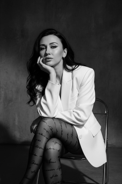 Портрет женщины, расслабленно сидящей на металлическом стуле со скрещенными ногами, голова наклонена в сторону и опирается на руку, средний план, перспектива на уровне глаз, естественный макияж со стрелками на глазах, с мягким контурингом и естественными губами, в объемном белом блейзере со структурированными плечами и капроновых колготках с узорами в виде красивых надписей , на фоне фактурной стены, драматическое кинематографическое освещение, боковое освещение справа, резкие контрастные тени, таинственная и напряженная атмосфера, съемка портретным объективом 85 мм, малая глубина резкости, высокохудожественная редакционная фотография, фотореалистичный, высокая детализация, монохромная цветовая палитра. Волосы легкими волнами
