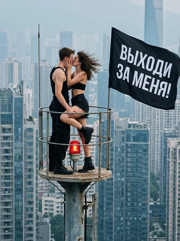Реалистичное документальное фото. Два человека в чёрной одежде - мужчина и женщина - стоят на маленькой круглой площадке на вершине высокой металлической мачты/антенны с красным сигнальным огнём.
Мужчина слева: чёрная майка-борцовка, свободные чёрные брюки, чёрные берцы. Женщина справа: чёрный бандо-топ, чёрные джинсовые шорты с высокой посадкой и необработанным краем, чёрные берцы. Пара целуется.
Девушка двумя руками держит лицо мужчины, одно колено приподнято. Мужчина одной рукой придерживает её за спину, другой — за ногу. Сильный ветер раздувает одежду и её кудрявые волосы, поза динамичная, девушка слегка отклонена назад.
Справа в кадре на фоне неба крупно развивается большой чёрный флаг. Ткань натянута ветром, волнообразно развевается. На флаге крупная белая надпись, строго без искажений:
Фон: многоэтажный офисный небоскрёб со стеклянными окнами, серо-голубая дымка, городской смог/туман, дневной рассеянный свет, низкий контраст. Мачта по центру кадра, люди в верхней трети, флаг занимает правую половину кадра.

Надпись на флаге: Надпись на флаге ВЫХОДИ ЗА МЕНЯ!