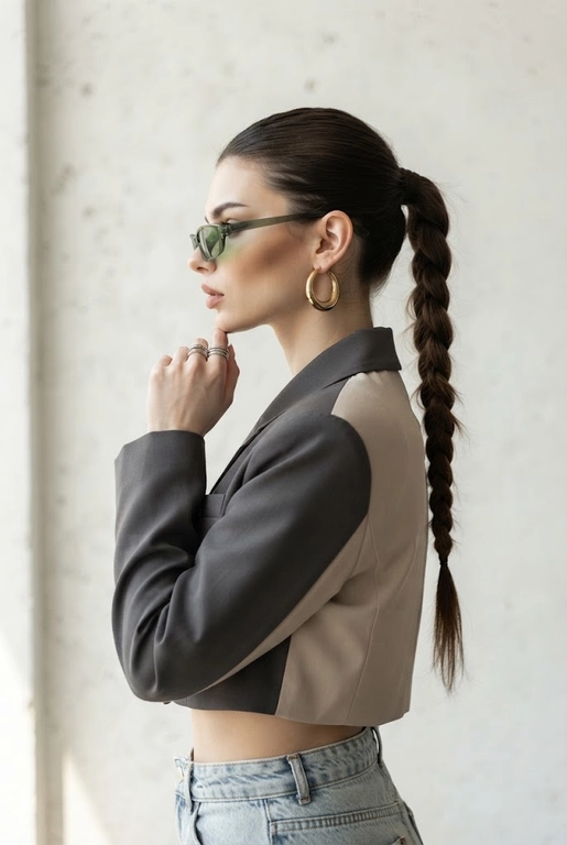 Reference image: uploaded photo
Face: same face, fierce confident side glance, defined contour.
Pose: side profile with hand lifted toward face, showing long braid and defined silhouette.
Clothes: cropped two-tone street jacket (beige and charcoal), light jeans, visible waistband.
Accessories: large gold hoop earrings, rings, green tinted sunglasses.
Background: minimalist off-white wall.
Lighting: soft daylight, balanced shadows emphasizing hair texture.
Atmosphere: street luxe — confident, futuristic, clean.
Format: 2:3
Do not replace face; maintain realism, same proportions, and natural color tone.