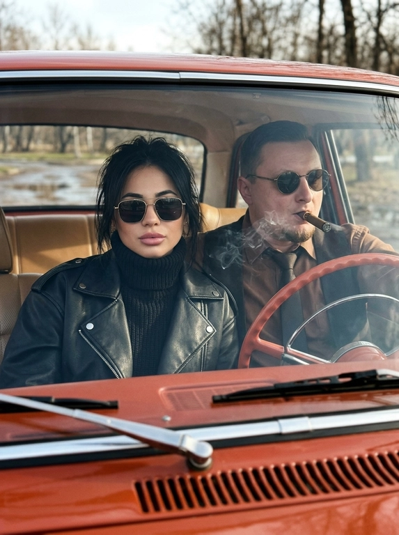 A medium-shot photo through a windshield of a man and woman in an orange vintage car, both wearing sunglasses, the man smoking a cigar. The medium shot is from a low angle of the dashboard, framed by the car's interior.

The woman on the left looks directly at the camera, the man on the right looks forward.

The woman's hair is loose and styled with soft volume at the roots, with individual strands neatly framing her face.

Skin with an even tone and a soft satin finish, delicate highlights on the cheekbones and shoulders, and lips with a satin finish in a pink shade (#d89aa0).

The woman is wearing square-framed aviator sunglasses with dark lenses. She is wearing a thick, matte-finish black knit turtleneck (#0F0F0F) and an oversized black biker jacket.

The man is wearing round-framed sunglasses, a brown collared shirt, and a dark tie.

Visible interior of a vintage car: reddish-orange dashboard, steering wheel, windshield wipers. Light tan/brown seats in the background. Outdoors, daylight, parked in a natural environment (bare trees blurred through the windshield, wet ground, Russia). Vintage aesthetic. Bright, natural daylight, possibly diffused. Shot with 85mm lens, medium depth of field, subjects in sharp focus, background slightly blurred, retro film aesthetic with light grain and desaturated colors, photorealistic.
