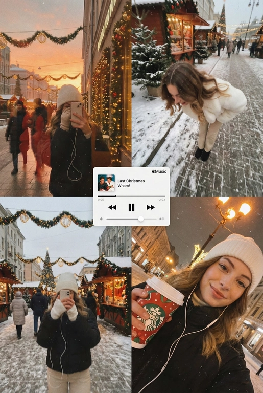   Многопанельный коллаж в стиле зимнего постера, передающий рождественскую атмосферу улицы, снятый как спонтанная фотография на iPhone. Сцена выглядит естественной, уютной и реалистичной: мягкий снегопад, тёплые отражения в окнах и едва заметная аналоговая зернистость создают праздничное, но сдержанное рождественское настроение. Все кадры объединены единым визуальным образом и ощущением зимнего уюта. 
 
В верхнем левом кадре — отражающая витрина магазина на закате. Слабые рождественские огни и матовые края стекла окружают человека, который держит телефон, частично закрывающий лицо. Тёплые блики света, гирлянды, уличные огни и проходящие силуэты создают мягкое размытие и многослойные отражения в стекле с естественным искажением кривизны. 
 
В верхнем правом кадре — крупный план, снятый сверху вниз, на заснеженном тротуаре или возле рождественского рынка. Человек небрежно наклоняется вперёд, создавая ощущение движения и спонтанности. Падающий снег формирует лёгкое размытие, а поверхность земли слегка искажается в зависимости от ракурса объектива, усиливая эффект съёмки с рук, без постановки. 
 
Нижний правый кадр — интимное селфи, сделанное сверху при тёплом уличном или кафешном освещении. В руках — праздничный напиток на вынос (кофе или глинтвейн), заметны проводные наушники. Детали хорошо проработаны, а мягкая зернистость усиливает ностальгическое рождественское настроение. 
 
В центре коллажа расположен минималистичный мини-плеер в стиле Apple Music, отображающий популярную рождественскую песню (например, «Last Christmas» или «All I Want for Christmas Is You»), выполненный в плоском, чистом дизайне без теней. 
 
Цветовая палитра тяготеет к тёплым янтарным, мягким красным, сосново-зелёным и приглушённым зимним серым тонам, создавая атмосферу праздничной близости, визуальной теплотой и эмоциональной узнаваемости — без ощущения постановки или футуризма.