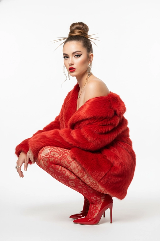 На фотографии изображена молодая женщина, сидящая на корточках на белом фоне. Она одета в красное искусственное меховое пальто с длинными рукавами, которое обнажает одно плечо. На ней красные кружевные колготки и остроносые туфли на шпильке из красного лака.
У женщины сложные украшения в виде высокого пучка и несколькими выбивающимися прядями. На ней есть серьги, золотое колье и кольца на пальцах. У нее яркий макияж, включающий темные стрелки, выделяющие глаза, и ярко-красную помаду. 
В целом, образ женщины выглядит модным и уверенным.
