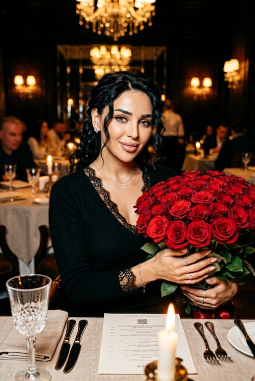 Женщина в дорогом ресторане сидит за сервированным столиком. Не меняй внешность, цвет волос и стрижку. Темное фото, теплые огни. В руках у нее огромный букет из 51 красной розы. Спонтанное фото в движении, немного смазано. Гламурный, но естественный макияж, серебряный браслет на руке, кольца, нежный маникюр. На шее тонкая серебряная цепочка и маленький кулон. Она смотрит в камеру, легкая улыбка.

Она одета в черный кашемировый тонкий лонгслив с V-образным вырезом, отделанным тонким кружевом на воротнике и манжетах.