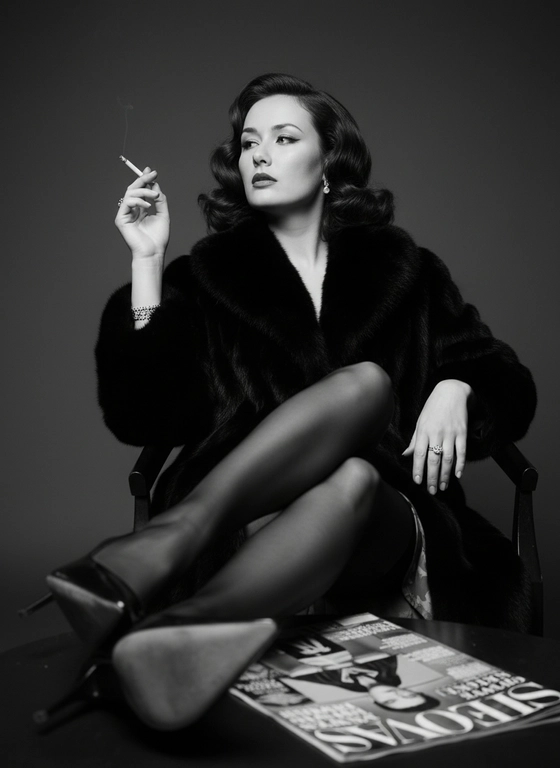 Woman from the reference photo, preserve the face and all facial features exactly as in the original reference image: identical bone structure, lips, nose, eyes and facial proportions. No face alteration.

Ultra-realistic cinematic black-and-white fashion editorial photograph.

Low-angle camera perspective placed near the feet looking upward toward the face. The woman reclines in a chair with her legs extended toward the camera, ankles crossed. The perspective exaggerates the legs in the foreground while the face appears further away, creating dramatic fashion proportions.

She wears sheer black stockings and high-heel pumps. A luxurious fur coat with a large soft collar wraps around her shoulders.

Her hand holds a cigarette close to her lips while she gazes off to the side with a calm, seductive expression.

A magazine rests loosely across her legs in the foreground.

Hair is styled in voluminous glamorous waves with lifted roots and soft curls framing the face.

Makeup is dramatic editorial glamour with smoky eyes, long lashes, sculpted cheekbones and defined lips.

Lighting is high-contrast studio lighting creating strong highlights and deep shadows across the face and legs.

Black-and-white film aesthetic, sharp focus on the face, soft falloff toward the foreground.

Shot on a professional full-frame camera with an 85mm lens, shallow depth of field, classic fashion magazine style.Формат 9:16 
Волос черный