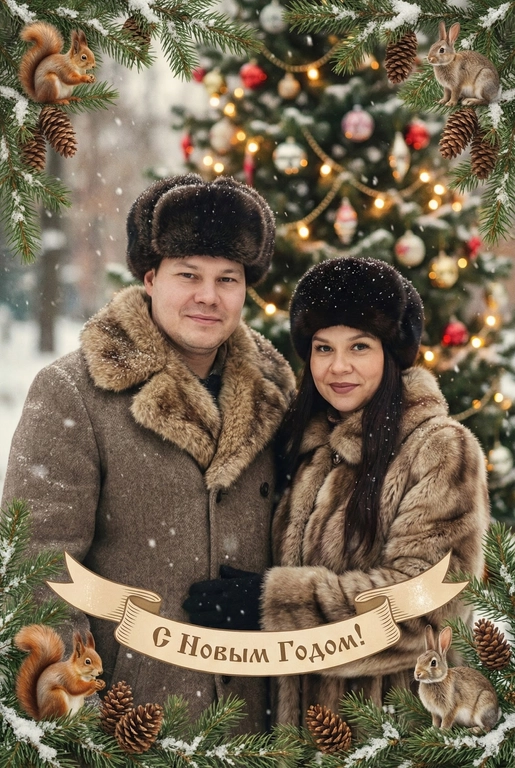   создай новогоднюю фотографию в стиле советского фильма: лица максимально похожи на исходное фото, на улице, в старой зимней одежде (пальто/шуба с меховым воротником, меховая шапки из ондатры или норки). Идёт снег. На фоне размытая украшенная советскими стеклянными игрушками ёлка с гирляндами и тёплыми огоньками. Внизу бежевая декоративная лента с надписью. Рамка по краям из еловых веток со снегом, добавить шишки, белочек и зайчиков. Атмосфера уюта и ностальгии, мягкие кистевые мазки, тонкая плёночная зернистость, мягкая глубина резкости. Надпись на ленте: "С Новым Годом!"