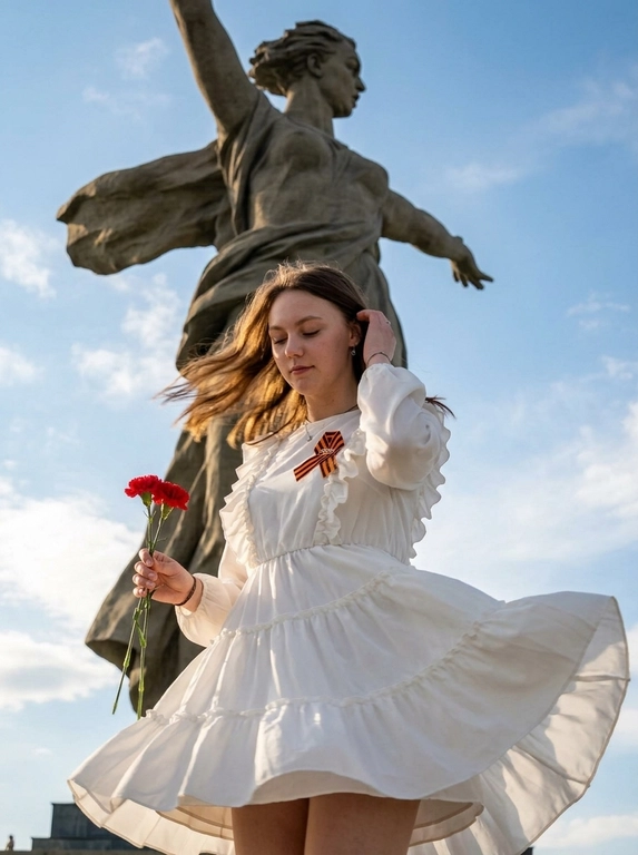 Фотореалистичная съёмка у монумента «Родина-мать зовёт» в
Волгограде. Крупный план, ракурс снизу вверх с небольшим наклоном камеры. Женщина в кадре по пояс, кружится вправо. Лёгкий motion blur на развевающихся волосах, краях ткани и кончиках пальцев. Голова опущена и слегка наклонена, глаза прикрыты, выражение спокойное и сосредоточенное.
Правая рука поднята к голове, заправляет прядь за ухо. Левая рука опущена и держит красную гвоздику. Платье белое летящее с длинными свободными рукавами,
V-образным вырезом, рюшами по декольте и плечам, многослойной воздушной юбкой с оборками, развевается на ветру. На груди приколота Георгиевская лента. На заднем плане монумент «Родина-мать зовёт» - гигантская каменная скульптура женщины с поднятым мечом в правой руке и отведённой в сторону левой, голова повёрнута влево. Ракурс снизу подчёркивает масштаб.
Небо ясное голубое с лёгкими перистыми облаками. Свет естественный солнечный, фронтально-боковой, тёплые блики на коже и ткани, мягкие тени на скульптуре. Композиция: женщина снизу справа, монумент занимает верхнюю часть кадра.
Цветокоррекция нейтральная тёплая, высокая детализация ткани, волос, камня и металла.