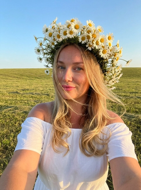 Селфи девушки в белом платье и венке из ромашек