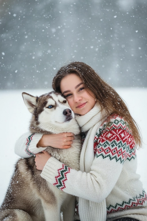Соответствие лица: сохраняйте точные черты лица, структуру костей, разрез глаз, форму губ, текстуру кожи и оттенок по загруженной фотографии, максимально соответствует индивидуальности] -> Человек с мягкой улыбкой, полузакрытыми от счастья глазами -> нежно обнимает собаку, щека прижата к пушистой шее собаки, обе руки обвиты вокруг груди и шеи собаки, снежинки тают на шерсти и волосах., нежное, любящее выражение лица -> в кремово-белом толстом свитере скандинавской вязки с традиционным красно-зеленым рождественским рисунком на рукавах и воротнике,  в белом вязаном шарфе, свободно повязанном на шее -> на улице в сильный снегопад. В кадре видно морду собаки. Собака породы сибирский хаски.