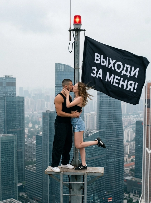 Реалистичное документальное фото. Два человека в чёрной одежде - мужчина и женщина - стоят на маленькой круглой площадке на вершине высокой металлической мачты/антенны с красным сигнальным огнём.
Мужчина слева: чёрная майка-борцовка, свободные чёрные брюки, чёрные берцы. Женщина справа: чёрный бандо-топ, чёрные джинсовые шорты с высокой посадкой и необработанным краем, чёрные берцы. Пара целуется.
Девушка двумя руками держит лицо мужчины, одно колено приподнято. Мужчина одной рукой придерживает её за спину, другой — за ногу. Сильный ветер раздувает одежду и её кудрявые волосы, поза динамичная, девушка слегка отклонена назад.
Справа в кадре на фоне неба крупно развивается большой чёрный флаг. Ткань натянута ветром, волнообразно развевается. На флаге крупная белая надпись, строго без искажений:
Фон: многоэтажный офисный небоскрёб со стеклянными окнами, серо-голубая дымка, городской смог/туман, дневной рассеянный свет, низкий контраст. Мачта по центру кадра, люди в верхней трети, флаг занимает правую половину кадра.

Надпись на флаге: Надпись на флаге ВЫХОДИ ЗА МЕНЯ!