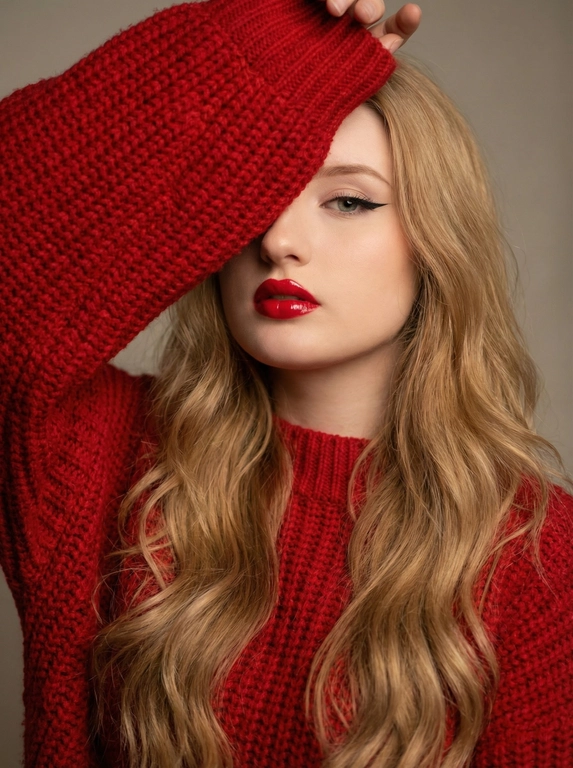     Сделай фото где я одета в объёмном вязаном красном свитере рукав которого частично закрывает верхнюю часть моего лица. Видна только нижняя часть лица и один глаз. Губы ярко-красные, макияж аккуратный, подчёркнутые стрелки. Длинные волнистые волосы спадают по плечам. Фон нейтральный, мягкое студийное освещение, акцент на контрасте красного свитера и волос. Атмосфера-модная, эстетичная, кинематографичная.