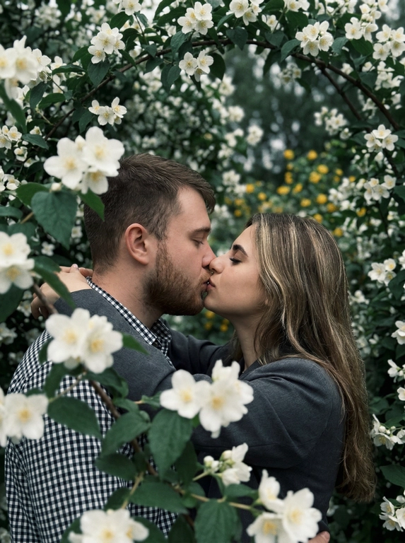 A man and a woman stand face to face, kissing—their lips touching, faces in profile, eyes closed. The shot is close-up, from shoulders to head, angled at eye level, with their faces centered in the frame and surrounded by flowering branches. The foreground and edges of the frame are filled with out-of-focus branches and flowers. Do not alter the faces from the uploaded photos.
The skin appears perfectly smooth and matte.
The man is wearing a cotton shirt with a small gingham check in black and white tones. The woman is wearing a dark gray jacket.
The location is a flowering tree with dense branches: large white flowers with five petals and yellow stamens —presumably jasmine or bird cherry—and dense dark green foliage. The branches frame the figures on all sides, creating a living, arched tunnel. In the left middle ground, yellow flowers are out of focus.
The lighting is natural, overcast, diffused, with no clear direction of the light source—an even, soft light. Shadows are virtually absent. Contrast is low. The overall tone of the frame is muted and cool, with green and white dominant tones. The highlights on the skin are subdued and matte. The film grain is pronounced.
Shot with an 85mm lens, minimal depth of field with sharp focus exclusively on the lips and the area where the faces meet—the foreground with the man's shoulder and the nearby branches are completely out of focus, the background with foliage is blurred into bokeh. Pronounced film grain. A reportage paired shot in the style of a Candid Film portrait, highly detailed and photorealistic.
Soft romantic spring botanical mood,
dominant tones: white blossom, deep green, dark charcoal,
low saturation with cool green emphasis,
flat diffused overcast natural lighting,
minimal shadow definition,
heavy analog film grain throughout,
lifted blacks with a soft hazy quality,
shallow depth of field with strong foreground blur,
Candid Film Spring color grading.