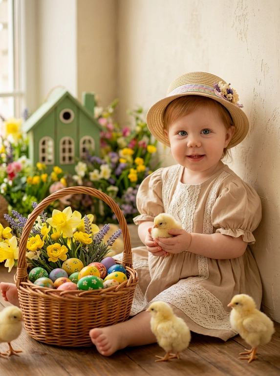Ребёнок с лицом и улыбкой точь-в-точь как на фото. Ребёнок сидит на фоне светлой стены, сзади — размытый деревянный зелёный домик и цветы вокруг, сидит на полу с плетёной корзиночкой. В корзине — жёлтые цветы, лаванда и разноцветные пасхальные яйца. Вокруг ребёнка — маленькие жёлтые живые цыплята, одного держит в руках. Ребенок улыбается, как на фото, не менять лицо. 

Выбрать пол ребенка: Девочка в бежевом платьице с белыми кружевами рукавами фонариками. На голове соломенная шляпа с ленточкой.