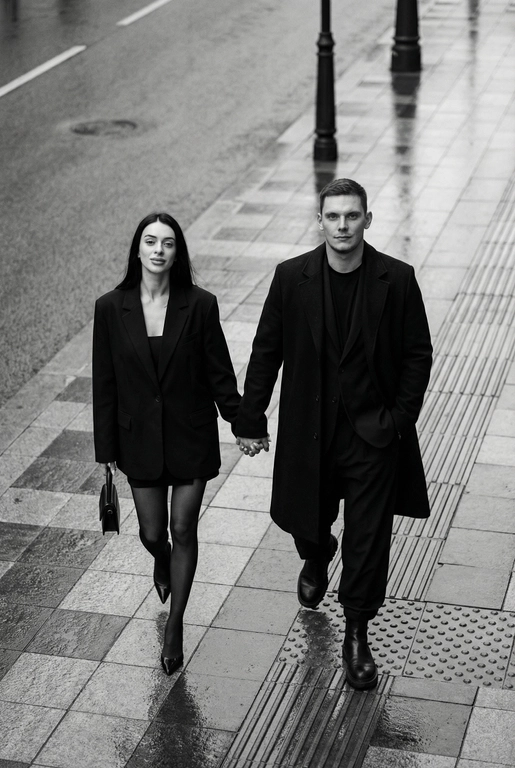 Черно-белая художественная фотография, ультрареализм, 8K, профессиональная съёмка; (оба): в кадре мужчина и женщина; каждый персонаж жёстко привязан к своему загруженному референсу, лица используются напрямую, без генерации, усреднения, подмены или смешения. Вид сверху под углом. Они идут по городской улице, держась за руки; шаг в движении, эффект «пойманного кадра». Смотрим вверх в камеру, выражение спокойное, уверенное, отстранённое.
Полностью чёрные образы modern classic: женщина — оверсайз-пиджак, короткое платье/юбка, плотные колготки, остроносые каблуки, маленькая сумка; мужчина — длинное пальто, свободный костюм, массивные ботинки.
Фон: асфальт, плитка, тактильная дорожка, геометрия.
Контрастный свет, мягкие тени, высокая детализация тканей.
Стиль: black & white, cinematic, high fashion, editorial, minimalism, street photography.
Качество: ultra high resolution, sharp focus, film grain, без ретуши.


