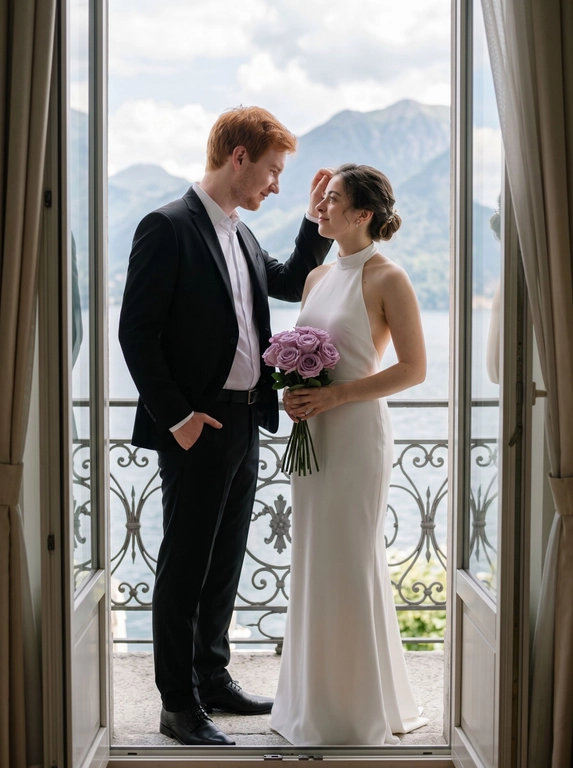 Фотореалистичный bridal editorial, полный рост. Пара стоит на узком балконе у открытой стеклянной двери. Мужчина слева, корпус в 3/4 вправо к женщине, одна рука в кармане брюк, другой рукой мягко касается её волос у лба, голова чуть наклонена к ней, взгляд на женщину, лёгкая нежная улыбка. Женщина справа, стоит очень близко, корпус в 3/4 влево, голова поднята к мужчине, взгляд снизу вверх на его лицо. В обеих руках прижат к животу маленький аккуратный букет из 11 этих цветов: бутоны цветов собраны плотно, стебли строго вниз, букет вертикальный, не у бедра, не у груди. Мужчина в чёрном костюме и белой рубашке без галстука. Женщина в длинном белом платье-халтер с открытой спиной. Фон: кованые перила, озеро, горы, светлые шторы. Мягкий естественный дневной свет, 50mm, лёгкое зерно.

Из каких цветов будет букет невесты?: Сиреневые розы