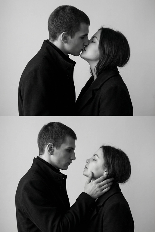   Не меняй внешность. Фотография представляет собой диптих (двойное изображение), выполненный в черно-белой гамме, который запечатлел пару в двух последовательных, нежных моментах. Общий стиль снимка — минималистичный и драматичный.
Верхний Кадр: Поцелуй
• Действие: Пара запечатлена в момент поцелуя.
• Мужчина: Слева, в профиль. Он одет в темное пальто или пиджак с высоким воротником. Его губы соприкасаются с губами женщины.
• Женщина: Справа, в профиль, с приподнятым подбородком, чтобы дотянуться до мужчины. У нее тонкие, изящные черты лица. Она одета в похожее темное пальто с воротником-стойкой.
• Эмоция: Кадр передает интимность и сосредоточенность на моменте соприкосновения.
Нижний Кадр: Нежность и Взгляд
• Действие: Мужчина и женщина смотрят друг на друга (или почти смотрят) на очень близком расстоянии.
• Мужчина: Слева, в профиль. Выражение его лица более серьезное и задумчивое. Он смотрит прямо на женщину.
• Женщина: Справа. Ее голова немного запрокинута, а глаза почти закрыты, что придает моменту большую чувственность.
• Взаимодействие: Рука мужчины (похоже, его правая рука) нежно поддерживает ее лицо сбоку, держа ее за челюсть/подбородок. Это движение подчеркивает заботу и глубокую эмоциональную связь между ними.
Общий Стиль и Композиция
• Цвет: Использование черно-белой палитры исключает отвлекающие цвета и усиливает драматизм, фокусируя внимание зрителя на контурах, текстурах и эмоциях.
• Одежда: Оба одеты в простые, темные вещи, которые гармонируют с общим настроением снимка.
• Фон: Однотонный, нейтральный, светлый фон (возможно, белая или светло-серая студийная стена), который создает сильный контраст с темной одеждой пары.
• Композиция: Диптих, разделенный горизонтальной линией, показывает два мгновения близости, создавая историю или последовательность.
Снимок производит впечатление элегантной, высококлассной модной или арт-фотографии, посвященной теме глубокой, серьезной любви и страсти.



