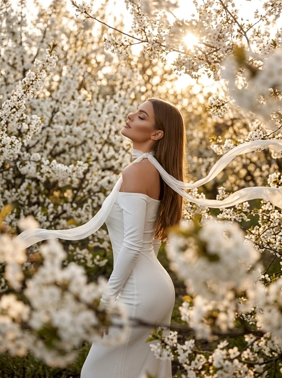 A woman standing among dense white blooming branches.
Side profile, body turned away, head tilted back upward toward the light, eyes closed.
Framing from mid-thigh to head.
Camera slightly below eye level, 85mm look.
Clothing:
Long white fitted dress with long tight sleeves and off-shoulder design (bare shoulders).
Accessory (CRITICAL):
A thin white ribbon scarf around her neck, very light fabric.
The ribbon flows in the wind and extends across the frame.
Flowers (CRITICAL):
Dense white blossoms surrounding the subject exactly like the reference.
Foreground flowers heavily blurred, partially covering bottom and right side.
Background filled with soft white blossoms and warm bokeh.
Lighting:
Golden hour sunlight from top right, strong warm backlight, glowing rim light on hair and shoulders, sun visible through branches.
Shallow depth of field, subject sharp, foreground/background soft.
Warm cinematic tones, soft highlights, photorealistic, high detail.