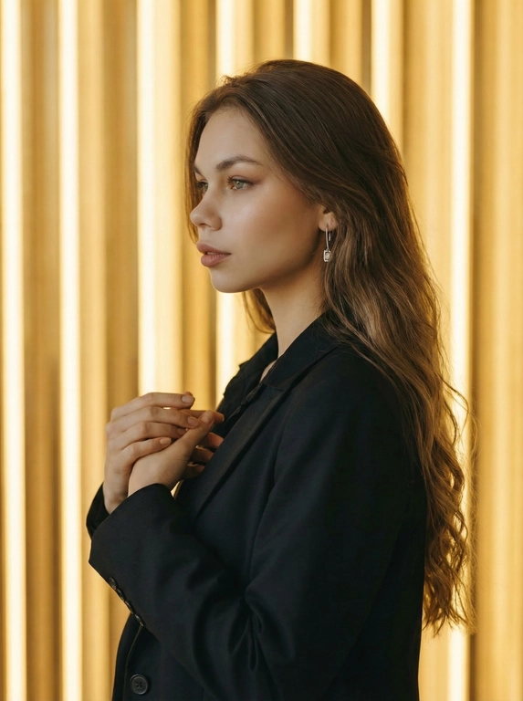  На изображении представлена женщина, стоящая в профиль. Она одета в черный пиджак. Руки сложены вместе на уровне груди.
У женщины каштановые волнистые волосы, которые ниспадают на плечи. На ней серьги-подвески серебристого цвета. На лице присутствует макияж, подчеркивающий глаза.
Фон состоит из вертикальных светящихся полос золотистого цвета. Освещение на фотографии мягкое и теплое.
