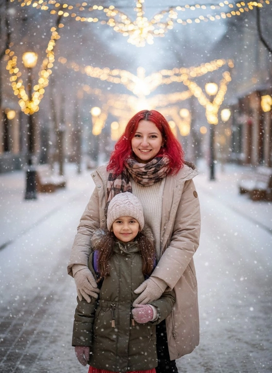 2. Используй загруженное фото как референс.  Фотореалистичный зимний портрет на улице: мама и дочка 7 лет  стоят рядом под падающим снегом, украшенные гирлянды на фоне. Тёплый свет фонарей, пар от дыхания, натуральные эмоции. Чёткий фокус, мягкое боке, праздничное настроение, реалистичные текстуры, профессиональная съёмка.