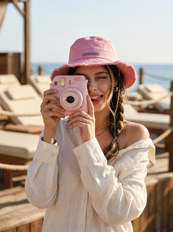 Девушка с розовой камерой Instax в пляжном клубе