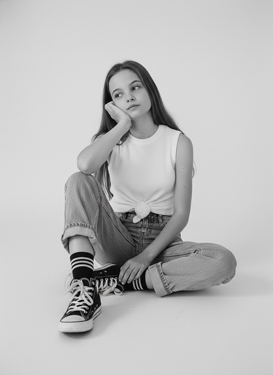 A photograph of a teenage girl sitting on the floor, her legs spread and bent at the knees, her feet facing the camera. She rests her right elbow on her knee and rests her hand on her cheek. Her left arm is lowered and rests on the floor next to her leg. Her head is slightly tilted, her gaze is directed to the side and slightly upward. Her pose is relaxed and static.

The shot is medium-to-full-length, shot from a slightly lower angle, close to floor level. The vertical orientation of the frame is used for perspective, with a slight emphasis on her legs and shoes in the foreground.

She is wearing a white sleeveless knit top tied in a knot at the front at the waist, loose, high-waisted straight-leg jeans with the legs rolled up, black low-top sneakers with white laces and a white sole, black socks with contrasting light stripes, and a thin ring on her finger. Her hair is worn loose.

A studio space with a plain, light background without visible texture, the floor and backdrop merge into a single space.

The lighting is soft, studio-style, even, without any clear direction. The light is diffused from the front with a light fill. There are no harsh shadows, but soft shadows underfoot and in the folds of clothing. Low contrast creates a calm, neutral atmosphere. The image is shot in black and white with a soft grayscale.

Shot with a 50mm portrait lens, medium depth of field, focusing on the face and upper body. The style is black and white film photography with subtle grain, highly detailed, and photorealistic.