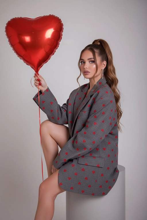 Ультрареалистичное 8K изображение женщины в сером oversize пиджаке в мелкое красное сердечко, сидящей на круглом пьедестале. Она сидит, поджав одну ногу. Пиджак драпируется по ее телу, Фон нейтральный серый, создающий контраст с ее ярким обликом. Стиль: мода с акцентом на силу и женственность. В руке она держит фольгированный красный большой гелевый шар в видео сердца на красной ленте за которую она держит. Освещение студийное, подчеркивающее ее лицо и силуэт, создавая тени, которые акцентируют внимание на линии тела и текстуре пиджака. Фото по пояс. Кожа сияет, губы розовые матовые, ногти красные короткие.
Стиль vogue. Волосы собраны в высокий длинный хвост, спереди две прядки