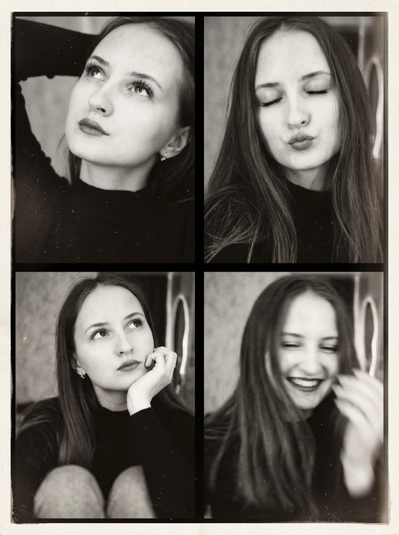 Photorealistic black-and-white vintage photobooth collage made of four frames in a 2x2 grid, separated by thin black dividers and surrounded by a slightly uneven paper border. Each frame shows the same woman in an intimate studio/photobooth setting against a plain light backdrop, captured with an authentic analog look: heavy film grain, soft contrast, halation, dusty scan artifacts, subtle scratches, and mild vignetting. Overall feel: 1990s/ early-2000s editorial photobooth print, raw and unretouched, candid "caught-between-moments" mood.
Use the uploaded photo as the basis and preserve the woman's face, makeup, likeness, and all original features without changing proportions or shape; keep natural facial micro-detail, pores, and subtle asymmetry, preserve the original head size.
Frame 1 (top-left): tight close-up, head tilted up and to the left, eyes looking upward, one arm raised behind the head, dreamy
Frame 2 (top-right): medium close-up, eyes closed, head slightly tilted, she subtly pushes/pouts her lips forward to show them (soft pout), calm playful mood; hair framing the face.
Frame 3 (bottom-left): medium close-up, seated with knees softly out of focus at the bottom, chin resting on one hand, gaze looking up to the right, thoughtful expression.
Frame 4 (bottom-right): medium close-up, the woman is laughing, but the frame is strongly blurred-heavy motion blur/defocus as if she moved during the shot; smile and face still recognizable, edges smeared, hair and hands noticeably streaked, imperfect photobooth misfire energy.
Print/scan look: monochrome with warm gray tones, slightly faded blacks, uneven exposure between frames, faint light leaks, paper texture visible, edges not perfectly straight, like a scanned photobooth print. High resolution, but intentionally imperfect, analog realism.