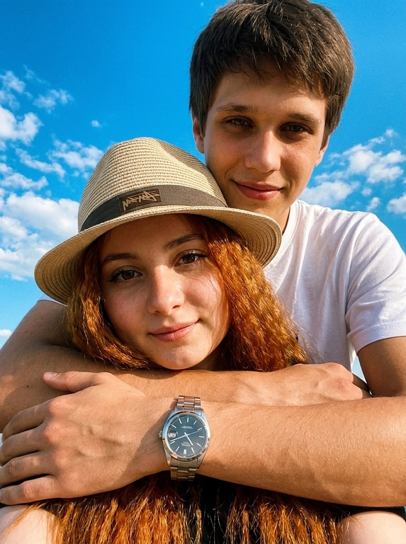 Кинематографичный кадр крупным планом (selfie style), пара в объятиях (классическое "обнимашки сзади") на фоне ярко-голубого неба с облаками.  Женщина на ней бежевая панама с брендовой надписью. Её кожа выглядит сияющей, подсвеченной мягким естественным солнечным светом. Выражение лица спокойное, глубокий взгляд, направленный прямо в камеру. Мужчина стоит строго позади девушки и обнимает её сзади, одна его рука обнимает её за плечи/шею спереди — предплечье лежит поперёк её ключиц, кисть свободно свисает с её плеча, на запястье классические серебряные часы с черным циферблатом. Мужчина в белой футболке, выражение лица доброжелательное, его взгляд прямо в объектив. Ракурс сверху, камера сфокусирована на лице девушки. Высокий контраст, насыщенные цвета, мягкая прорисовка деталей кожи. Эффект пленочной фотографии, легкое зерно, атмосфера летнего дня, эстетика социальных сетей. Телефона не видно в кадре.