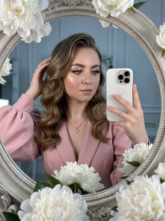 Максимально реалистичное селфи в зеркале в эстетике luxury soft glam. Модель стоит перед круглым зеркалом с изящной рамой, украшенной белыми живыми пионами. Цветы обрамляют зеркало нежно и дорого, создавая ощущение утончённого, премиального кадра. Композиция чистая и визуально собранная: модель находится в центре отражения, кадр выглядит эстетично, дорого и современно.

Поза естественная и уверенная: одной рукой модель держит современный смартфон, второй рукой слегка касается волос, создавая живой и непринуждённый жест. Селфи выглядит не постановочным, а как красивый спонтанный кадр из дорогой life-style съёмки.

Макияж — выразительный soft glam: чёткие чёрные стрелки, длинные пышные ресницы с лисьим эффектом, внутренние уголки глаз подсвечены сияющими тенями. Кожа ровная, ухоженная, с мягким влажным сиянием. Губы подчёркнуты карандашом и покрыты полупрозрачным глянцевым блеском, создающим аккуратный объём.

На модели ее образ выглядит женственно, современно и дорого. 

Смартфон современный, в минималистичном белом матовом чехле. Если нужен более дорогой вайб, без лишнего декора и ярких деталей.

Освещение холодное, мягкое и чистое, как в дорогой beauty-съёмке или premium dressing room. Свет красиво подчеркивает сияние кожи, текстуру ткани, свежесть пионов и блеск украшения. Атмосфера — роскошная, женственная, ухоженная, без дешёвого глянца.

Фотореализм максимальный: высокая детализация кожи, ткани, цветов, аксессуаров и отражения в зеркале. Лёгкий цифровой шум, мягкая резкость, деликатная зернистость, естественная глубина кадра, высокая контрастность, эффект живого фото, без CGI и без искусственного AI-эффекта.

Какая будет прическ?: крупные голливудские волны, мягкий блеск волос, аккуратная укладка на одну сторону.

Какой будет образ на фото? : Элегантный пудрово-розовый жакет с акцентными рукавами-фонариками и глубоким V-образным вырезом. На шее — тонкая изящная цепочка с ювелирным кулоном в форме сердца.