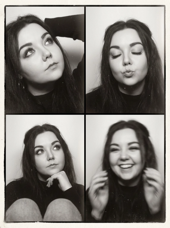 Photorealistic black-and-white vintage photobooth collage made of four frames in a 2x2 grid, separated by thin black dividers and surrounded by a slightly uneven paper border. Each frame shows the same woman in an intimate studio/photobooth setting against a plain light backdrop, captured with an authentic analog look: heavy film grain, soft contrast, halation, dusty scan artifacts, subtle scratches, and mild vignetting. Overall feel: 1990s/ early-2000s editorial photobooth print, raw and unretouched, candid "caught-between-moments" mood.
Use the uploaded photo as the basis and preserve the woman's face, makeup, likeness, and all original features without changing proportions or shape; keep natural facial micro-detail, pores, and subtle asymmetry, preserve the original head size.
Frame 1 (top-left): tight close-up, head tilted up and to the left, eyes looking upward, one arm raised behind the head, dreamy
Frame 2 (top-right): medium close-up, eyes closed, head slightly tilted, she subtly pushes/pouts her lips forward to show them (soft pout), calm playful mood; hair framing the face.
Frame 3 (bottom-left): medium close-up, seated with knees softly out of focus at the bottom, chin resting on one hand, gaze looking up to the right, thoughtful expression.
Frame 4 (bottom-right): medium close-up, the woman is laughing, but the frame is strongly blurred-heavy motion blur/defocus as if she moved during the shot; smile and face still recognizable, edges smeared, hair and hands noticeably streaked, imperfect photobooth misfire energy.
Print/scan look: monochrome with warm gray tones, slightly faded blacks, uneven exposure between frames, faint light leaks, paper texture visible, edges not perfectly straight, like a scanned photobooth print. High resolution, but intentionally imperfect, analog realism.