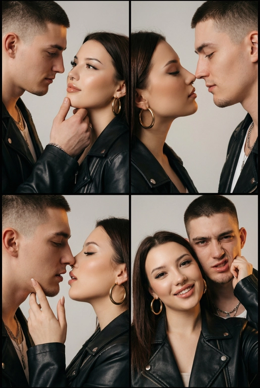 Фотореалистичный кинематографический коллаж в стиле фотобудки 2×2 из четырёх интимных портретов стильной пары крупным планом, расположенных в бесшовной сетке 2×2, на каждом кадре показана разная поза и выражение лица. Лица не меняются.  
  
Вверху слева — крупный план головы и плеч, мужчина нежно обнимает подбородок женщины; вверху справа — интимный профиль «нос к носу»; внизу слева — почти поцелуй с приоткрытыми губами и лёгким касанием щеки пальцами; внизу справа — игривый спонтанный снимок, где женщина смотрит в камеру, а мужчина корчит смешную рожицу.  
  
Обе модели модные и гламурные, тёплый загар с реалистичными бликами, естественная зернистость плёнки и тонкая текстура кожи. Женщина с золотыми серьгами‑кольцами, безупречным гламурным макияжем и блестящими губами; они оба в лёгких черных кожаных куртках; видны ювелирные украшения и фактурные ткани.  
  
Студийный бесшовный светло‑серый фон, мягкий равномерный ключевой свет спереди слева, тёплый вольфрамовый контурный свет справа для разделения, мягкие направленные тени для глубины. Кинематографическая атмосферная цветокоррекция с тёплыми бликами и нейтральными глубокими тенями, эстетика редакционного журнала. Сверхдетализированные пряди волос, реалистичные ресницы и брови, резкие отражения металла и ткани, правдоподобная ретушь журнального уровня, но при этом естественная.