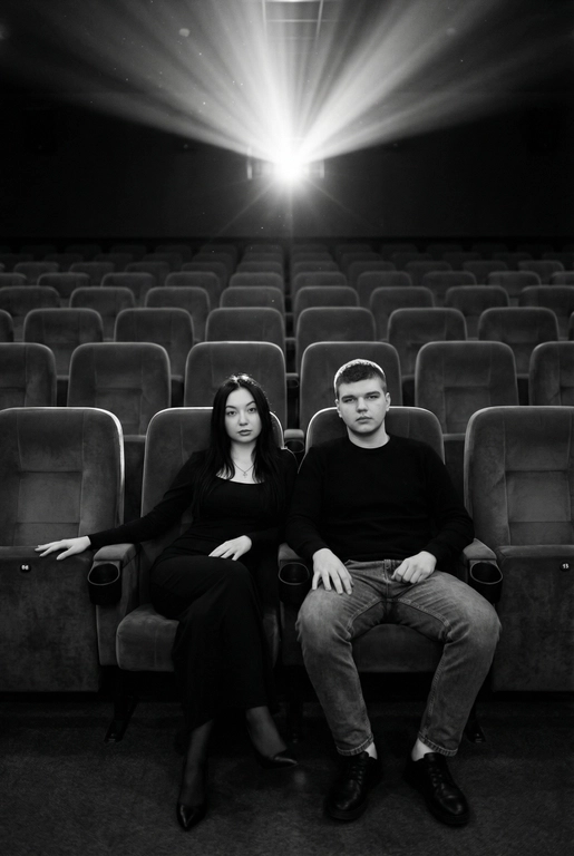  Кинематографичный чёрно-белый портрет пары в пустом кинозале.
Женщина и мужчина сидят рядом в мягких креслах кинотеатра.
кадр с глубоким пространством и пустыми рядами кресел позади них. Женщина черном длинном обтягивающем платье, поза женственная и спокойная, одна рука на подлокотнике.
Мужчина в черном свитере и в джинсах, сидит расслабленно.
Над ними яркий луч проектора, и выразительные блики.