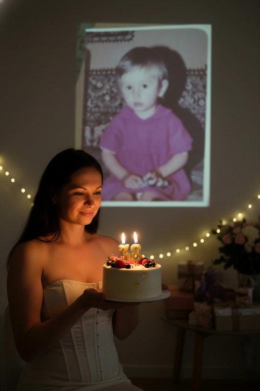 Создай ультрареалистичное фото, сделанное на камеру телефона в комнате, где изображен человек, который держит бенто торт с горящими золотыми свечами. В качестве фона на однотонную стену проецируется фотография из детства. Спроецированное фото занимает большую часть фона. Сочетание образов взрослого человека и ребёнка на фоне создаёт тёплую, ностальгическую атмосферу, подчеркивая связь между прошлым и настоящим. На стене висят гирлянды, рядом со стеной виднеются подарки и букет цветов. Снимок выглядит очень стильным и продуманным, присутствует ощущение праздника и воспоминаний. Не меняй внешность, полностью сохрани черты лица. Свечи на торте в форме числа 38. Женщина одета в молочное корсетное платье.