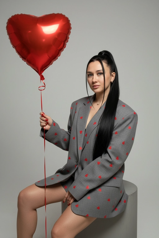 Ультрареалистичное 8K изображение женщины в сером oversize пиджаке в мелкое красное сердечко, сидящей на круглом пьедестале. Она сидит, поджав одну ногу. Пиджак драпируется по ее телу, Фон нейтральный серый, создающий контраст с ее ярким обликом. Стиль: мода с акцентом на силу и женственность. В руке она держит фольгированный красный большой гелевый шар в видео сердца на красной ленте за которую она держит. Освещение студийное, подчеркивающее ее лицо и силуэт, создавая тени, которые акцентируют внимание на линии тела и текстуре пиджака. Фото по пояс. Кожа сияет, губы розовые матовые, ногти красные короткие.
Стиль vogue. Волосы собраны в высокий длинный хвост, спереди две прядки
