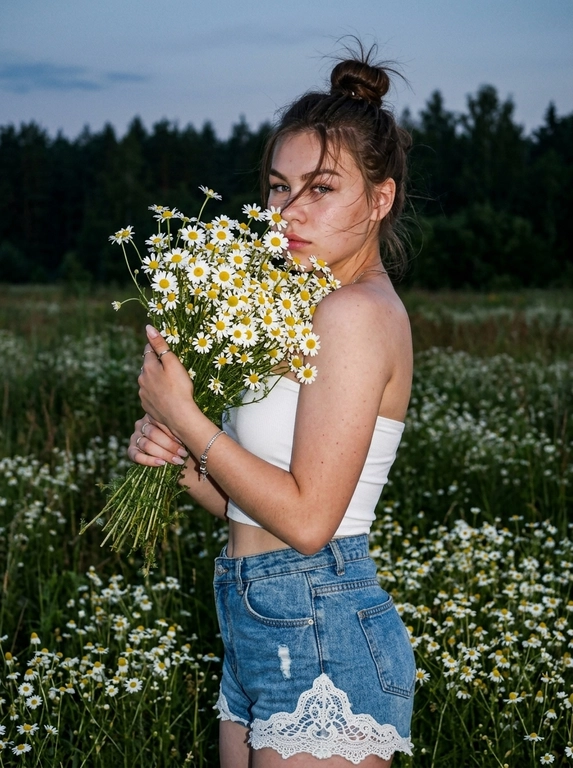 Поясной портрет или кадр по бедра, снятый на Canon G7X в стиле raw photo с лёгким плёночным зерном. Модель стоит вполоборота в огромном поле, густо усыпанном пышными ромашками. Она держит двумя руками очень большой объёмный букет полевых ромашек, прижимая его к лицу так, что лицо частично скрыто цветами и прядями волос. Видна только часть профиля, губы, нос и немного щеки, кадр выглядит живым и непостановочным.

Волосы, слегка развеваются от ветра. Видна естественная текстура кожи и поры, макияж аккуратный и выразительный, без эффекта пластика. 

Образ: белый облегающий топ без бретелей в стиле бандо или корсетного кроя, светло-голубые джинсовые шорты с высокой посадкой, по нижнему краю шорт белая кружевная ажурная отделка. На запястье серебряный браслет, на пальцах несколько тонких колец.

На заднем плане вдали виднеется тёмно-зелёный сосновый лес. Атмосфера тёплого летнего вечера. Освещение тёмное вечернее, модель и букет резко подсвечены жёсткой вспышкой, фон остаётся более тёмным. Фото выглядит как случайный живой кадр: нет идеальной симметрии, нет студийной постановки, натуральная резкость компактной камеры, raw photo, film grain, photorealism.

Какая будет прическа?: Волосы уложены в небрежный пучок.