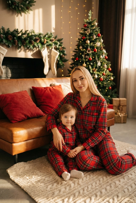   Создай трогательный кадр из профессиональной фотосессии в студии, где запечатлен момент семейной близости. Люди на фото могут быть как взрослыми так и детьми, в зависимости от предоставленных фото. Сделай так, чтобы все они смотрелись гармонично и трогательно. Фото в стиле Энни Лейбовиц, четкий фокус.

Люди в расслабленных позах на низком коричневом кожаном диване и на плотном светлом вязаном ковре. Естественные прически и минимальный макияж. 

Студия украшены в рождественском или новогоднем стиле, рядом с диваном стоит елка, позади дивана камин. Каминная полка украшена еловой гирляндой, шишками и маленькими рождественскими носочками. На диване красные декоративные подушки. В студии висят теплые гирлянды и мягко светятся.  

На фото видно лица людей и они смотрят в камеру.
 
Освещение мягкое, естественное, теплое, в стиле "Золотой час", мягкие тени, камера на уровне глаз, теплый цветовой грейд (золотисто-коричневые тона), натуральные оттенки, тонкая ретушь, мягкая пленочная текстура, атмосфера уюта, семейного тепла и близости. Одежда в стиле классических красных пижам в клетку 