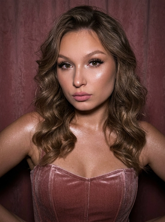 Создай фото согласно описанию, не меняй черты лица. На итоговом снимке частично видно лицо модели. Она смотрит в кадр, позирует как модель вполоборота, плечи выдвинула вперёд. На ней надет розовый бархатный корсет. На щеках, теле и в уголках глаз — хайлайтер. На глазах тонкие стрелки, длинные выразительные пышные ресницы создают эффект лисьего взгляда. Губы накрашены матовой помадой нежно-розового цвета в центре, подчёркивающей их. На заднем плане бархатная ткань пыльно-розового оттенка. Настроение мечтательное, с оттенком чувственности. Сильная плёночная зернистость, винтажная эстетика 90-х. Тени насыщенные и тёмные. Недостаток цифровой резкости. Освещение приглушённое. Ракурс прямой, экстремально крупный план лица. 

Какая будет прическа?: Волосы у неё уложены в объёмные распущенные волосы, уложенные в мягкие крупные волны.