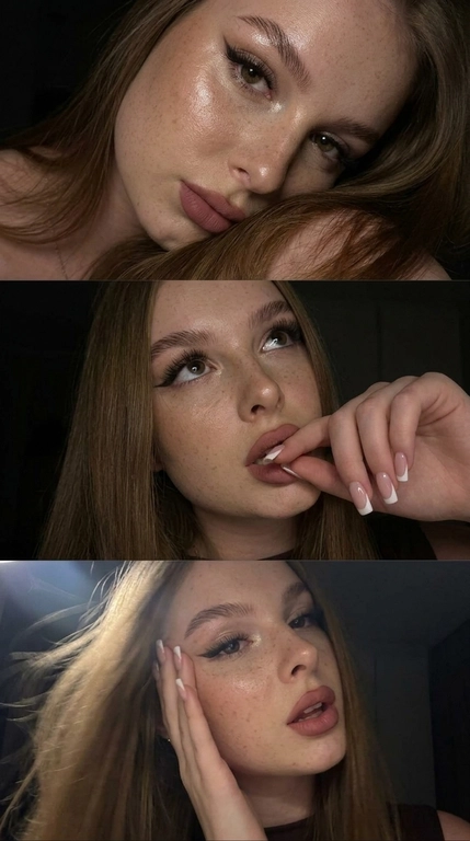 Вертикальный коллаж из трех фото Y2K. Крупный план. 

Макияж: ровный тон кожи с влажным сиянием , хайлайтер в уголках глаз, на скулах и переносице. длинные стрелки к вискам, ресницы лисий эффект, на губах пыльно-розовый оттенок с мягким оверлайном. 

Образ: женщина, одежды в кадре не видно. Поза на первой фотографии: фокус на глаза, губы, текстуру кожи и волос (крупный интимный план). голова наклонена, нижняя часть лица частично скрыта плечом и объемными волосами. прямой зрительный контакт, взгляд полуприкрытый, томный, загадочное выражение лица.  

На второй фотографии: поза та же, кисть одной руки справа поднесена к губам, будто игриво прикусывает указательный палец, маникюр френч квадрат. На третьем фото: поза та же, кисть той же руки касается щеки и виска справа, губы слегка приоткрыты, смаз кадра, мотион блюр в волосах. 

Фон на всех кадрах: тёмный фон за спиной помогает полностью сфокусировать внимание на девушке.

Освещение: приглушённое, мягкое, низкий ключ low key, глубокие тени. 
Цветокоррекция: приглушённая цветовая гамма, матовая цветокоррекция, эффект спонтанного фото на фронтальную камеру смартфона iPhone 17 pro max, присутствует цифровой шум и зернистость. Пониженная экспозиция. 

Доп. характеристики: не изменяй лицо