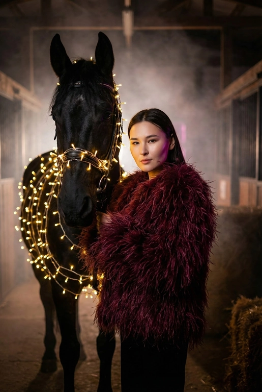 Создай крупный портрет, не меняя черты лица. Фотография в стиле высокой моды. Женщина, одетая шубу из пера страуса. Она стоит рядом с вороной лошадью, которая полностью обвита светящимися теплым светом гирляндами. Гирлянда также идет поверх узды.  Освещение драматичное, кинематографичное, с  неоновым свечением и легкой дымкой на заднем плане в конюшне . Высокая детализация, 8k, профессиональная съемка. Лицо девушки освещено мягким теплым светом. Глубокие тени, туман, мистическая и сюрреалистичная атмосфера. Фото на камеру 35mm, малая глубина резкости. Цвет шубы - бордовый